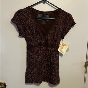 Energie Brown vintage Floral V-Neck Blouse size M